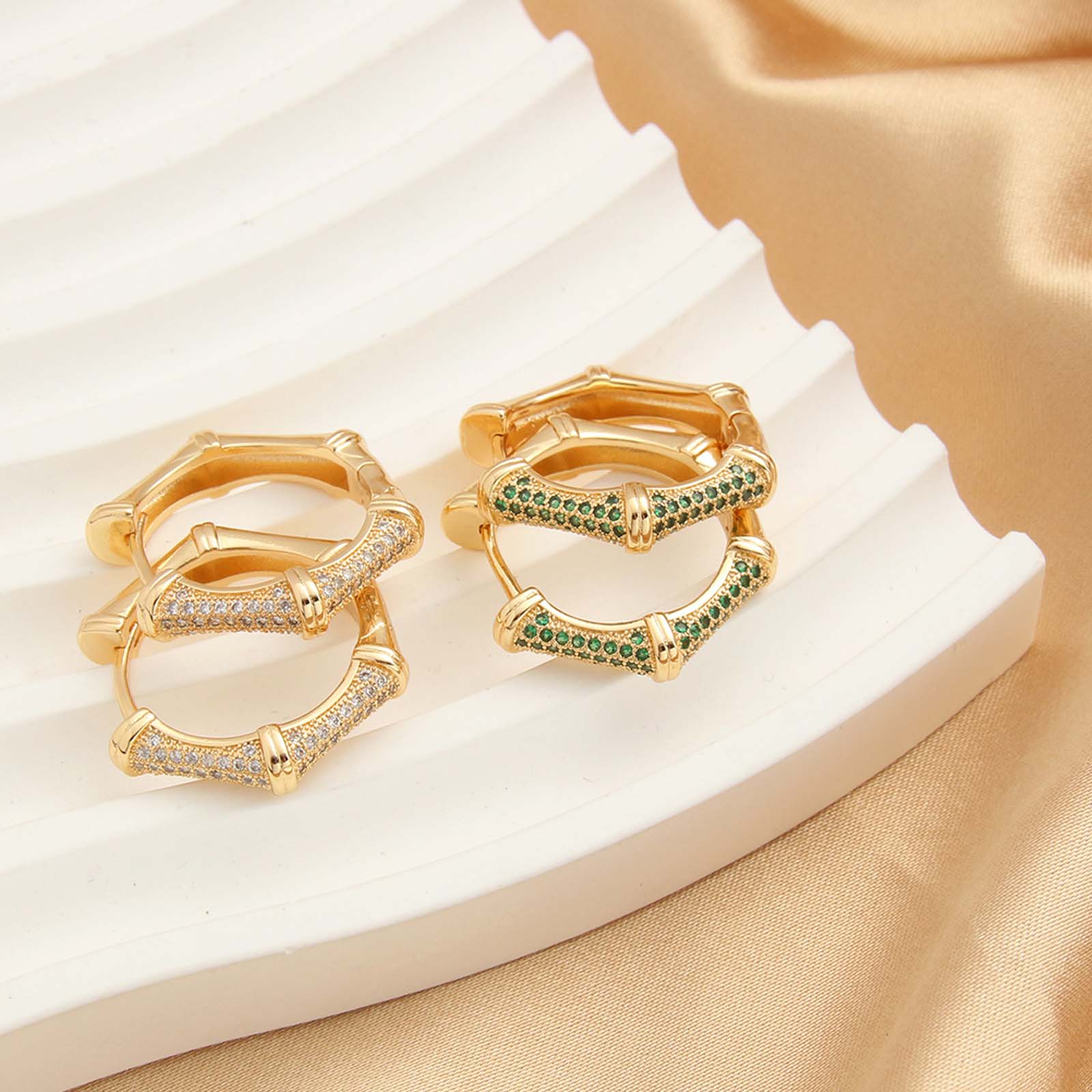Zircon Hexagonal Bamboo Earrings Green/White Girls Daily Jewelry Gift