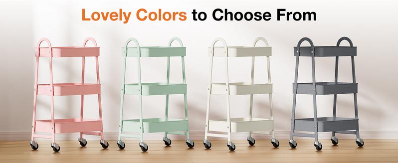 3 Tier Small Rolling Cart, Metal Utility Storage Organizer Kitchen Trolley Bathroom Laundry Room Bar Office Shelves Mobile Shelving Unit with Caster Wheels for Snack Bedside Narrow Places