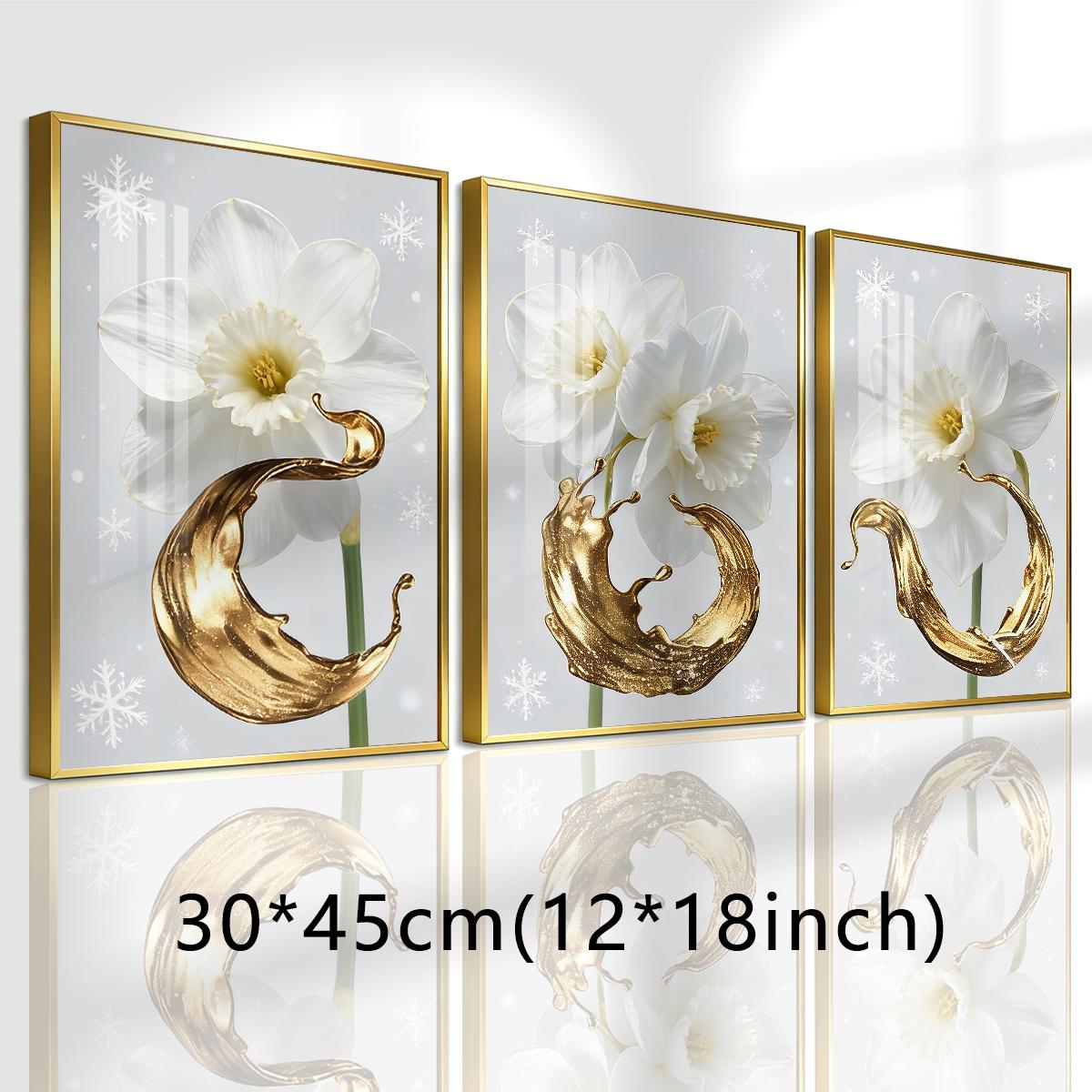 3 Counts Aluminum Alloy Framed Painting, White Daffodil Gold Splash Art Pictures, Home Decoration For Living Room, Bedroom, Office, Restaurant, Hallway Wall Decor, Odorless Print Artwork, Luxury Perfect Gift For Friends And Family