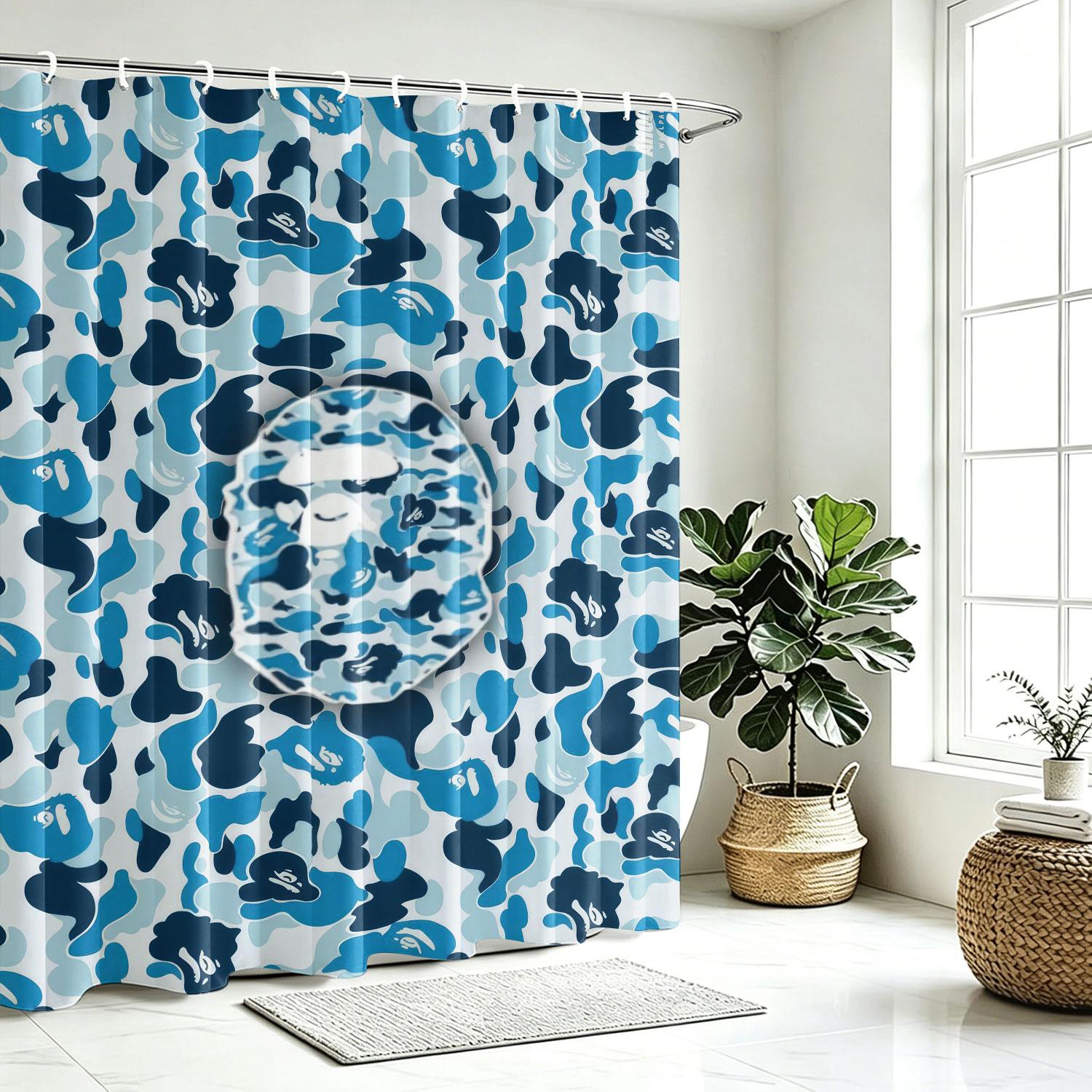 Waterproof Fabric Decorative Shower Curtain With Hooks, Featuring A Camouflage Ape Head Print. Made Of Waterproof And Mildew-Resistant Polyester/Peva, Suitable For Bathroom Decoration For Teenagers And Children. Machine Washable Bathroom Shower Curtains.