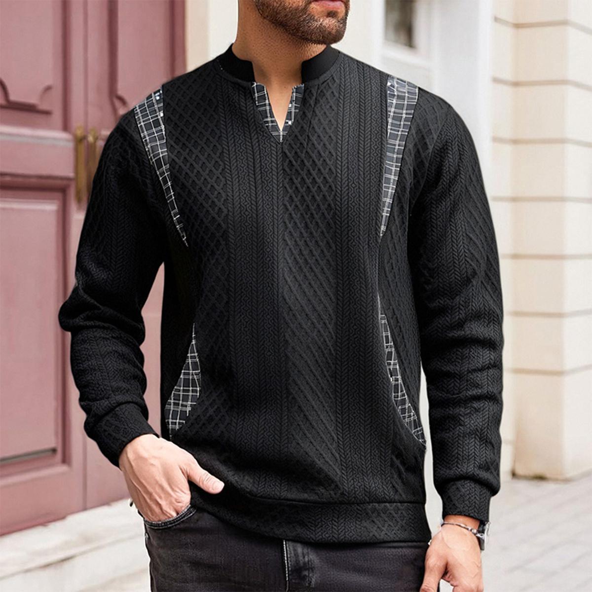 Men's Long Sleeve Crewneck Pullover & V-Neck Top - Polyester, Diamond-Patterned, Plaid-Spliced, Retro Color-Block, Striped, Contrast Stripes, Foldable Casual Autumn Winter Streetwear Sweatshirt