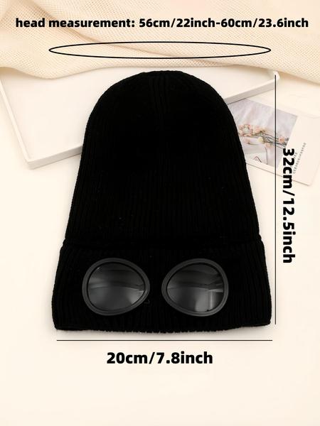 Unisex Solid Color Goggle Lens Design Beanie Hat, Casual Soft Comfortable Beanie for Fall & Winter, Fashion Accessories for Both Men & Women, Knitted Winter Hat