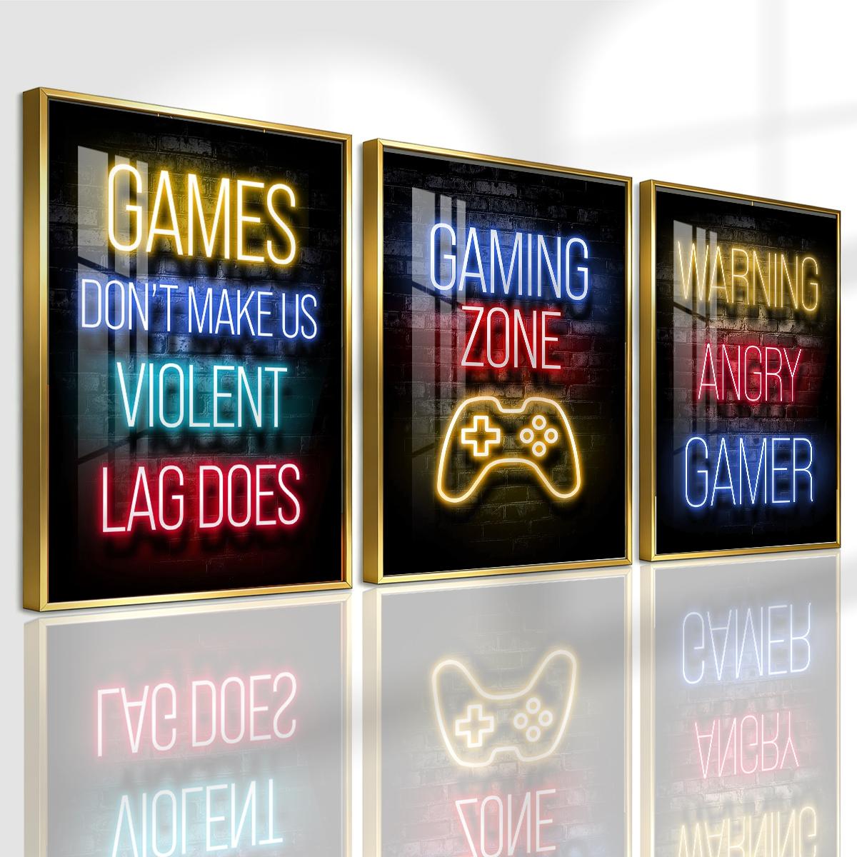 3 Counts Aluminum Alloy Framed Painting, Neon Gaming Zone Poster With Game Controller Wall Art, Home Decoration For Living Room, Bedroom, Office, Restaurant, Hallway Wall Decor, Odorless Print Artwork, Luxury Perfect Gift For Friends And Family