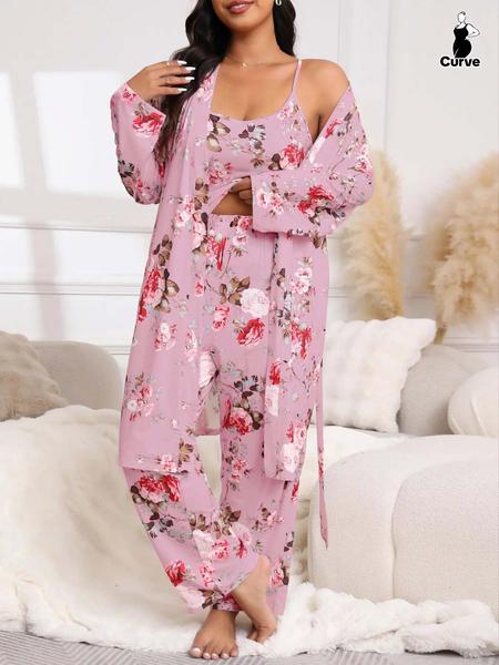 Plus Size 3-Piece Set Floral Print Belted Lounge Robe & Cami Top & Elastic Waist Pants Pyjama Set, Elegant Comfy Women's Sleepwear for Spring & Fall