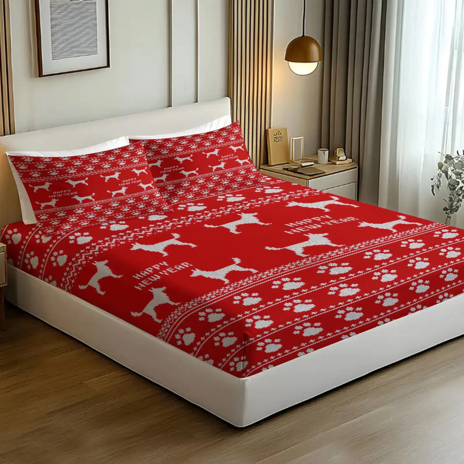 Christmas Themed Fitted Sheet, Anti-slip, Dustproof & Soft Bedding for Bedroom & Dorm, Ideal Housewarming & Christmas Gift. Includes 1 Fitted Sheet and 2 Pillowcases, Pillow Inserts NOT INCLUDED