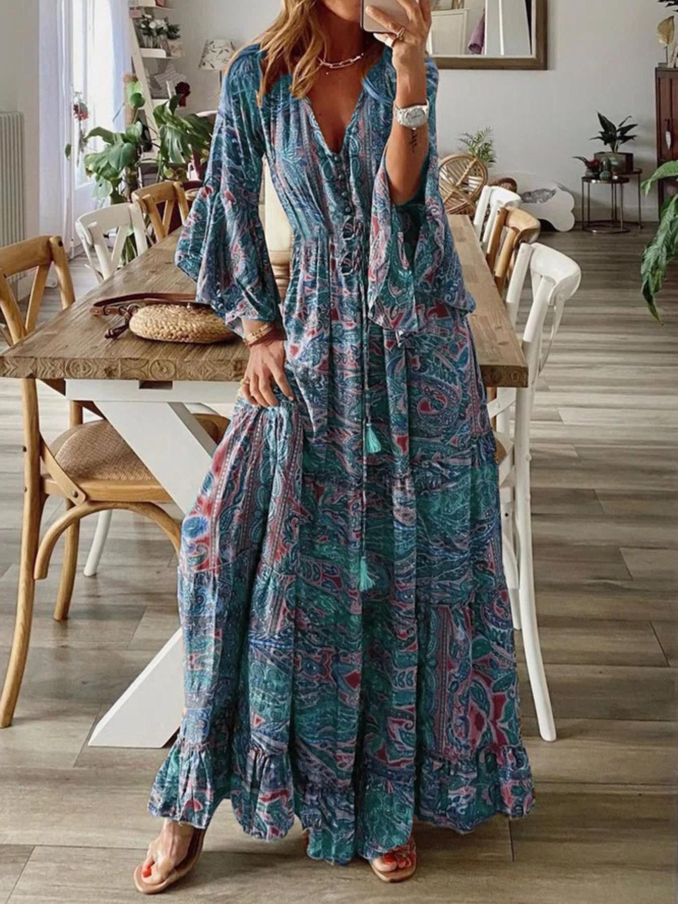 2026 Spring Summer New Bohemian Style Flare Sleeve Print V-Neck High Waist Fit Vacation Dress, Floral Long Dress for Women, Boho