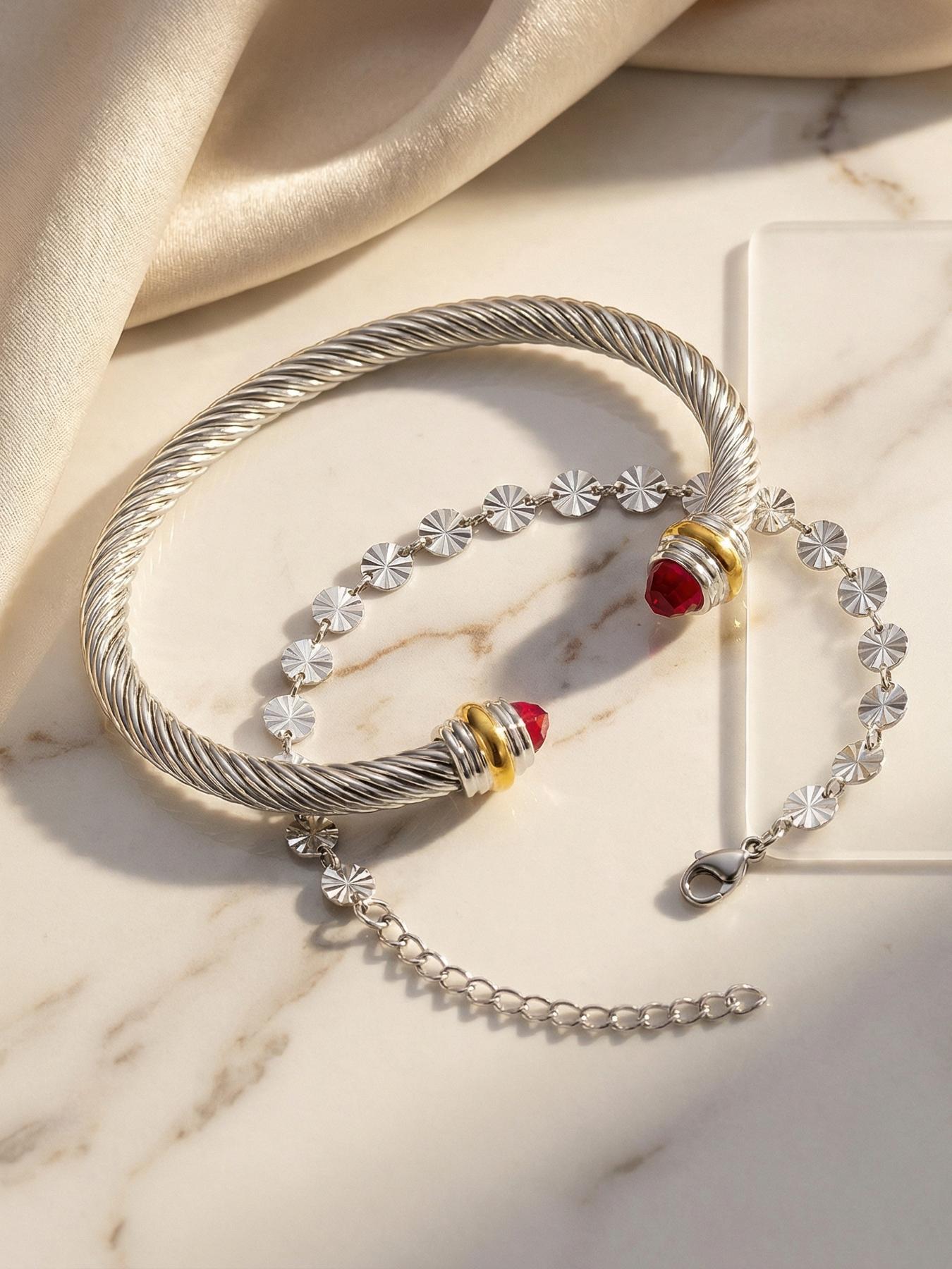 18k Embroidered Bracelet, Diamond-encrusted Twisted Bracelet, Adjustable Bracelet, Versatile Punk, Fashionable, Simple, Luxury Accessory # Jewelry / Stainless Steel / Colorfast / Hypoallergenic / Couple / Festival / Party / Ideal Gift