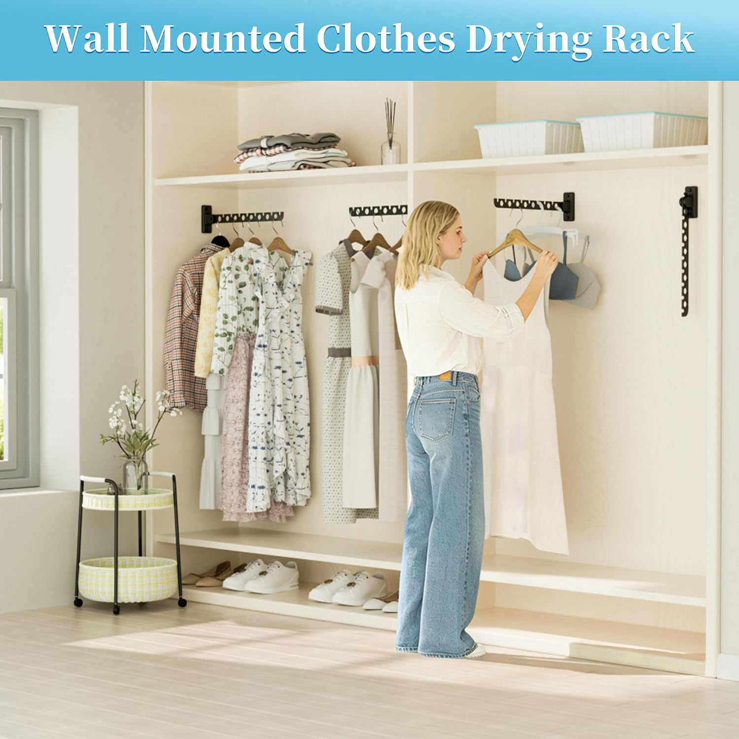 Clothes Drying Rack Wall Mounted,Foldable Coat Hanger Black,1P | Hanger Rack Clothes Hook Closet Storage Organizer,Folding Space Saving Clothes Hanger Rack for Bedroom Bathroom Laundry