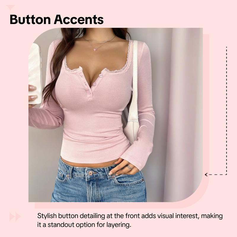 Lace Trim V-Neck Long Sleeve Top, Casual Knitted Striped Sweater, Warm and Versatile for Fall & Winter, Daily Wear, Lace Knit Design