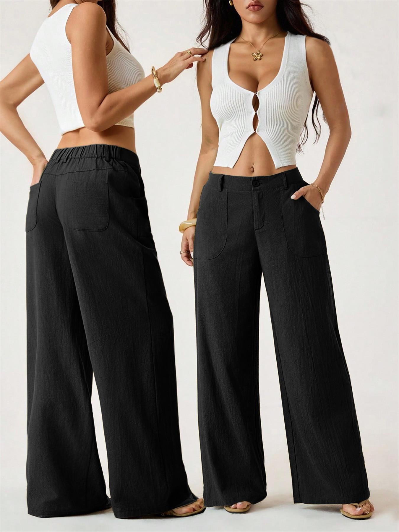 Women's Classical Linen Palazzo Pants Summer Flowy Wide Straight Leg Beach Trousers With Pocket Casual Solid Color Soft Elastic High Waist Lounge Pants Travel Vacation Bottoms Date Brunch Home Work Streetwear Outfit
