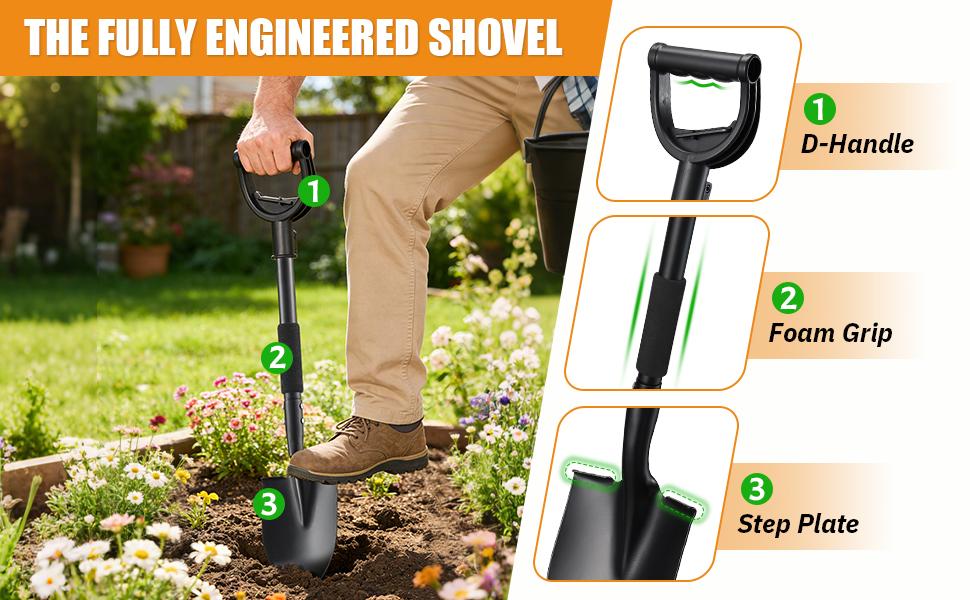 Garden Shovels for Digging, 31 Inch Small Shovel, Heavy Duty Metal Digging Shovel with D-Handle Grip, Short Kids Shovels for Digging, Mini Spade Shovel for Gardening, Camping, Beach, Car, Snow Removal