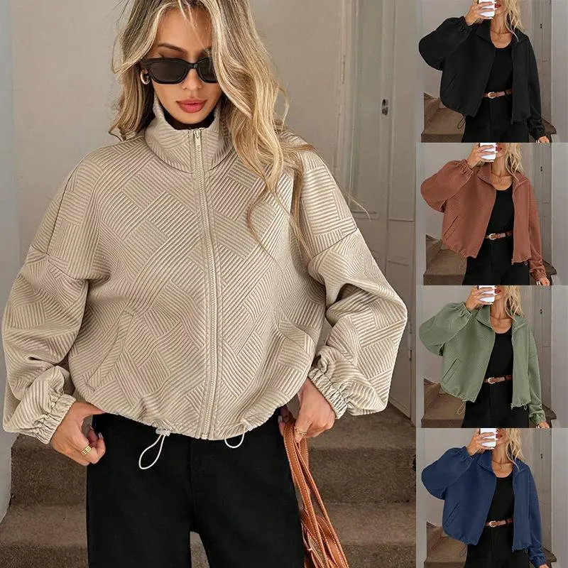 Women’s Oversized Textured Bomber Jacket, High Neck Zip Up Fall Coat with Drawstring Hem and Pockets, Casual Long Sleeve Lightweight Outerwear for Streetwear, Travel and Daily Wear