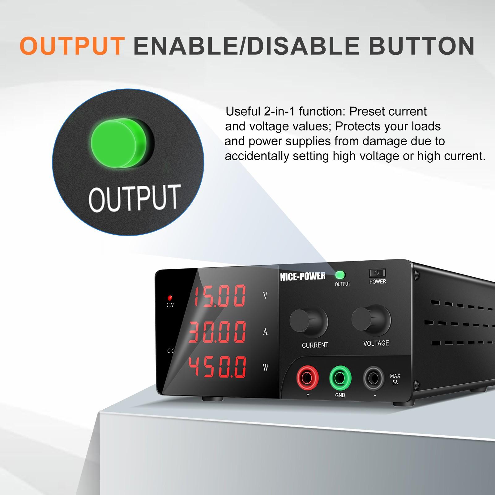 Nice-Power Variable Dc Power Supply, 15v 30a 450w High Power Bench Power Supply, Encoder Knob and Output Switch, Lab Power Supply
