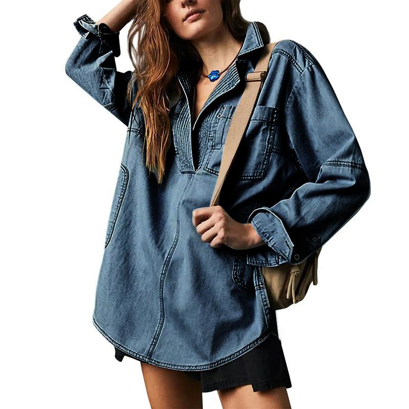 MIDIROSS Women's V-Neck Denim Pullover Shirt