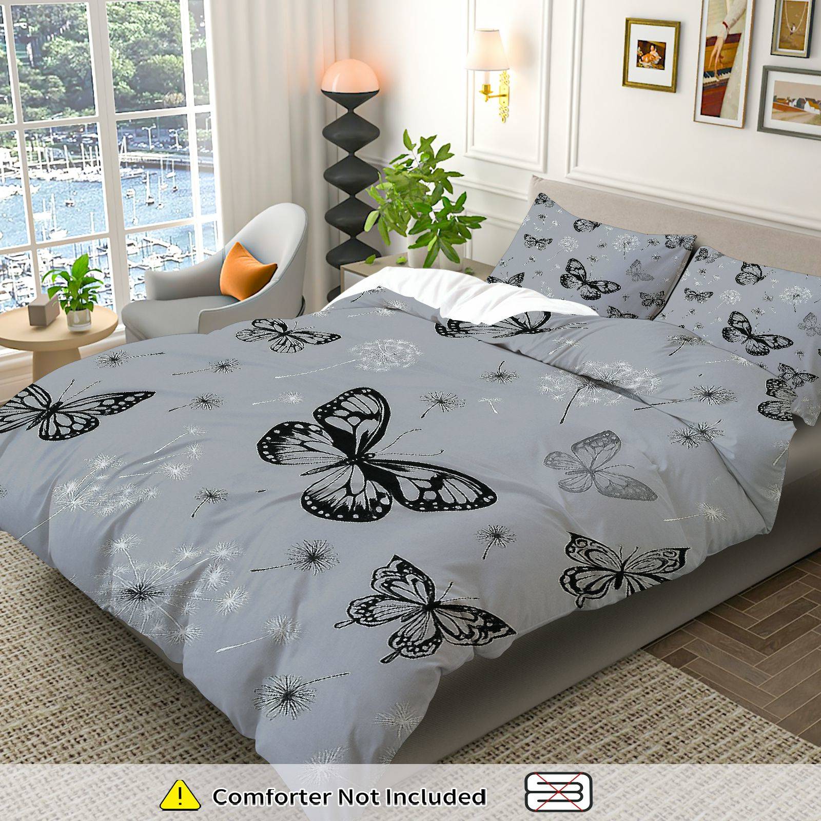 3PCS Duvet Cover Set, 1 Duvet+2 Pillowcases(Without filler), Butterfly Dandelion Nature Grey theme, Seasonal bedding set, Butterfly Print Suitable for decoration Bedroom Living Room Guest Room Hotel.