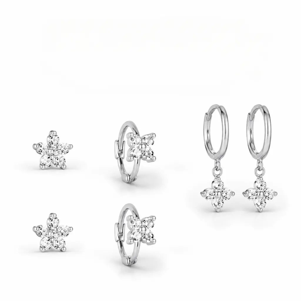 Women's Dainty Flower Earring Set, 3-Pair Hypoallergenic 14K Gold Plated/Silver Tone Cubic Zirconia Stud-Huggie Hoop Earrings, Stackable Multi-Piercing Layered Jewelry, Trendy Daily-Party Accessory Gift