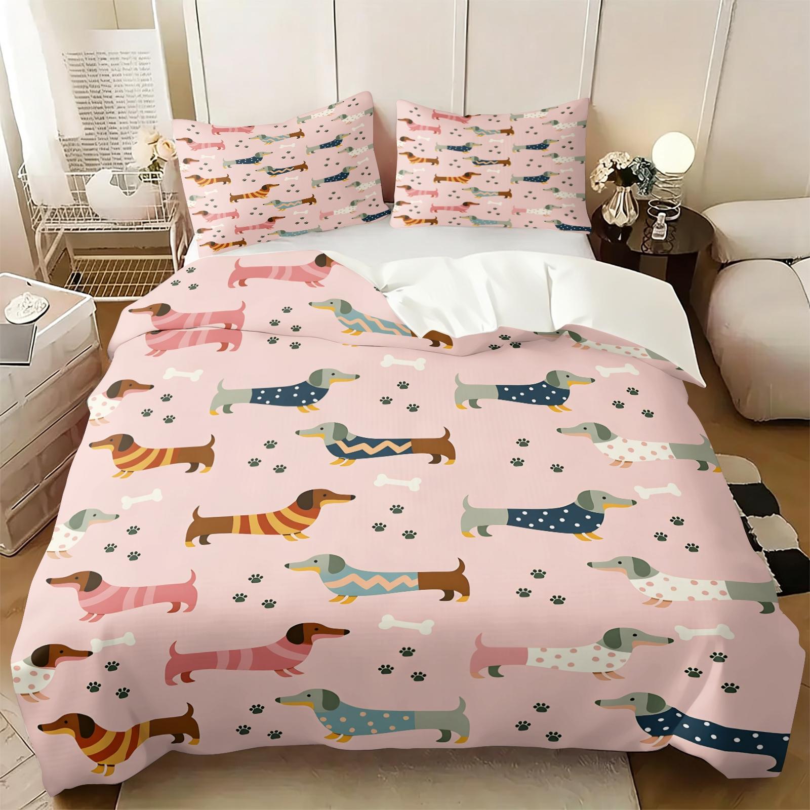 3PCS Cartoon Patchwork Dachshund Duvet Cover Set（1 Duvet Cover + 1-2 Coreless Pillowcases ), Vintage Geometric Floral Sausage Dog Pattern, Soft Comfy All Seasons Bedding Set,Ideal for Cute Pet Themed Bedroom Decor