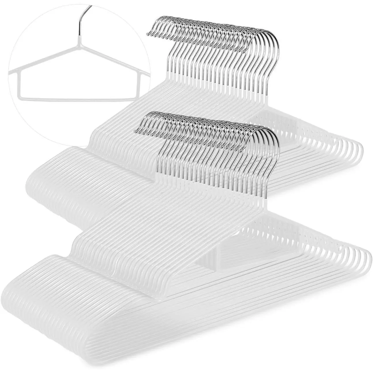 Clothes Hangers, 50Pack White Metal Hangers with Tie Bar, Metal Hangers Heavy Duty with Shoulder Notches for Dress and Camisole,15.7'W Shirt Hanger（White）