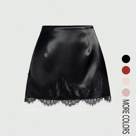 Women's Elegant Satin Lace-Trim Patchwork Short Skirt, Stylish Tight Bodycon Skirt, Stylish & Comfortable Fashion Bottom, Perfect for Daily Commuting, Womenswear