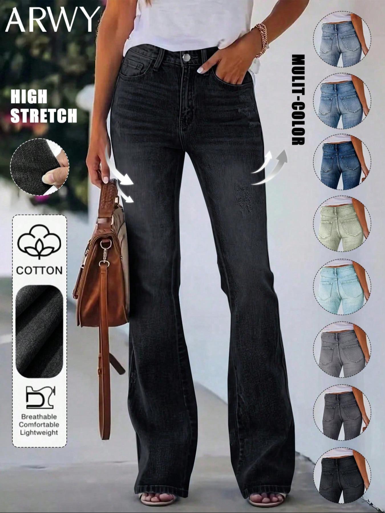 Women's Gradient-Color Slim-Fit Bootcut Jeans with Button, Fashion Mid-Rise Stretchy Washed Denim Pants, Bohemian Style for All Seasons