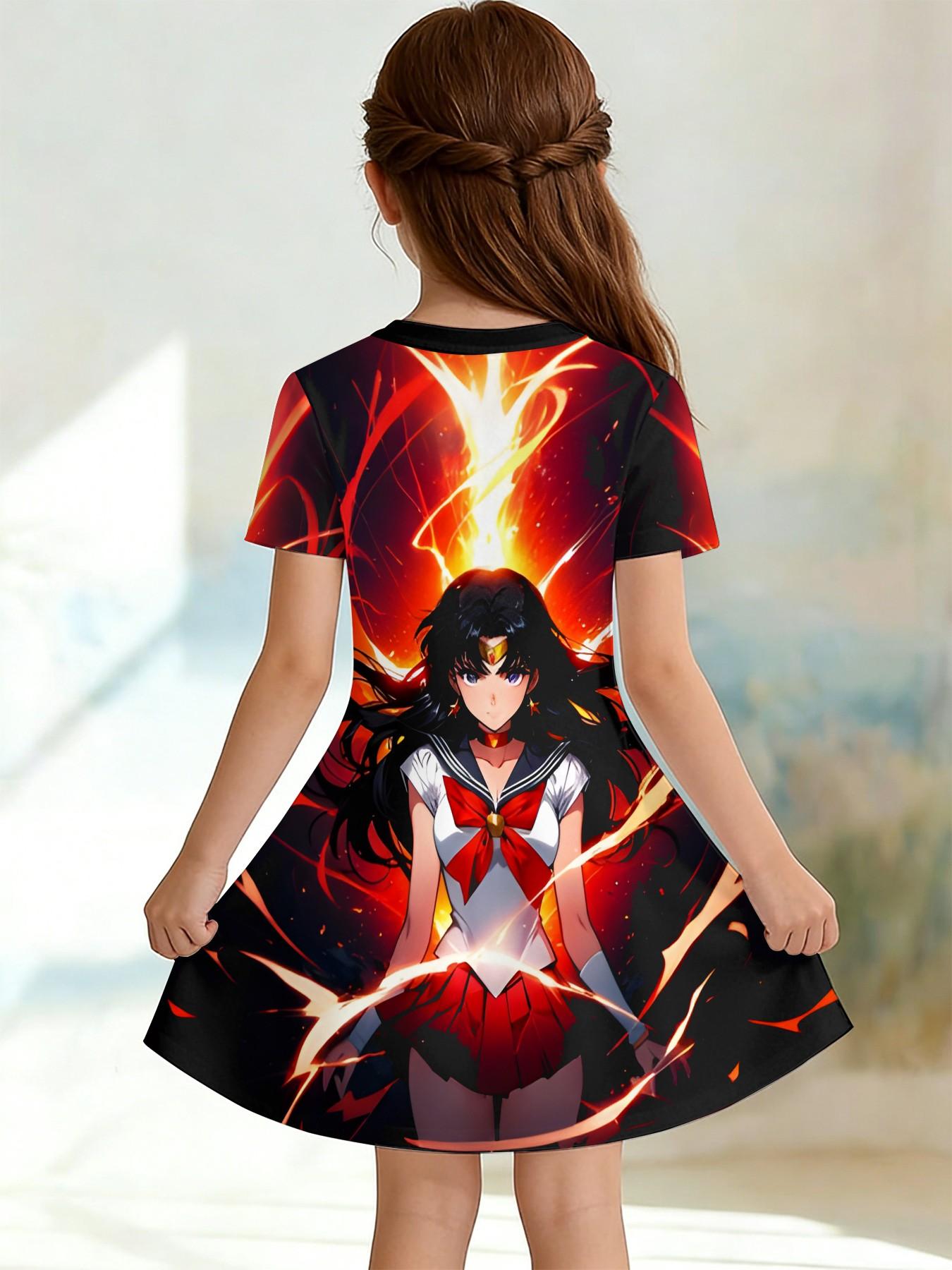 Girls' Sailor Moon Mars Print Dress, Casual Short Sleeve Anime, Perfect for Parties, Birthday Gifts, Holiday Presents