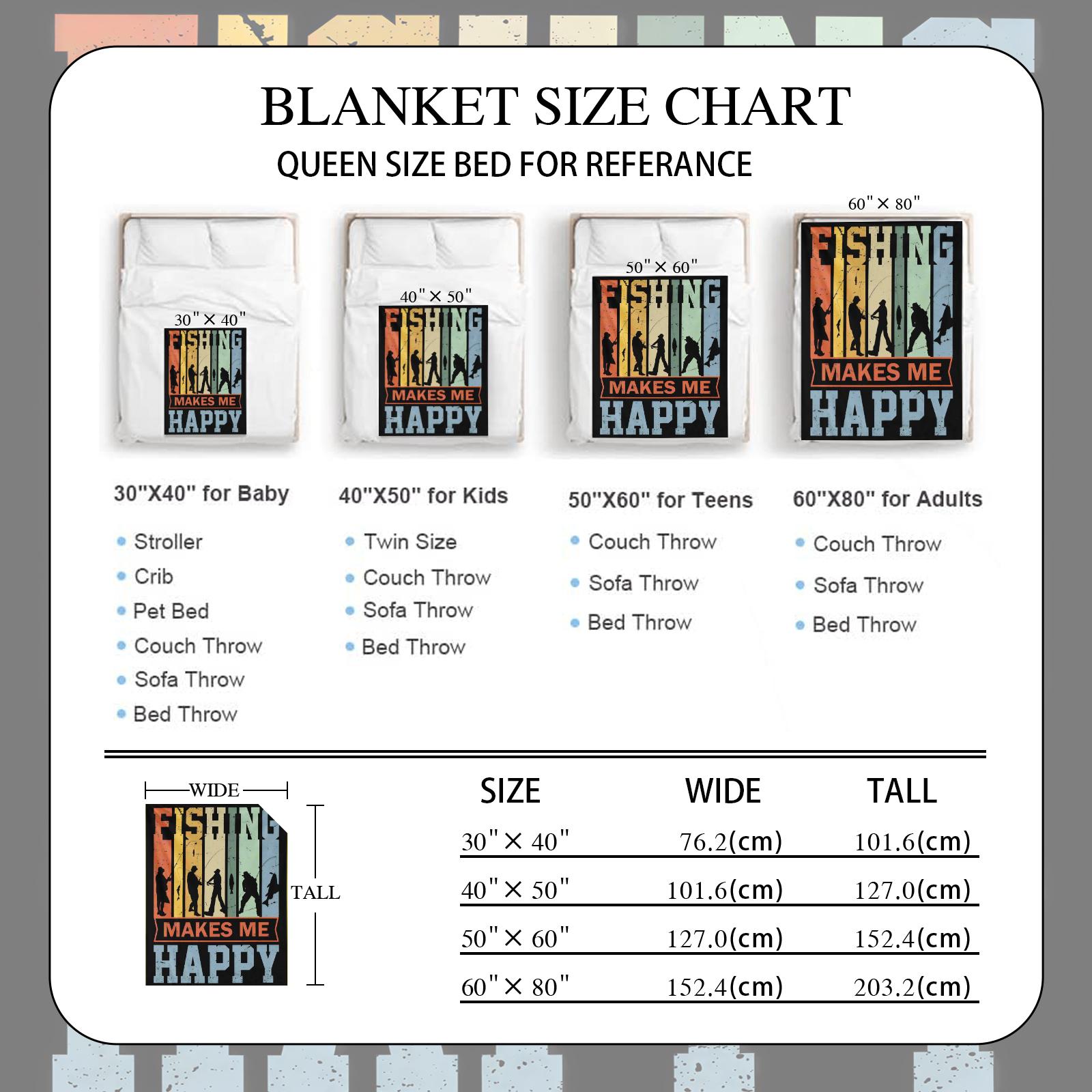 Flannel Fishing Enthusiast Blanket – FISHING MAKES ME HAPPY Design, Oversized Soft Throw for Outdoor Travel & Camping, Tear-Resistant, All-Season Comfort, Perfect Gift for Fishermen