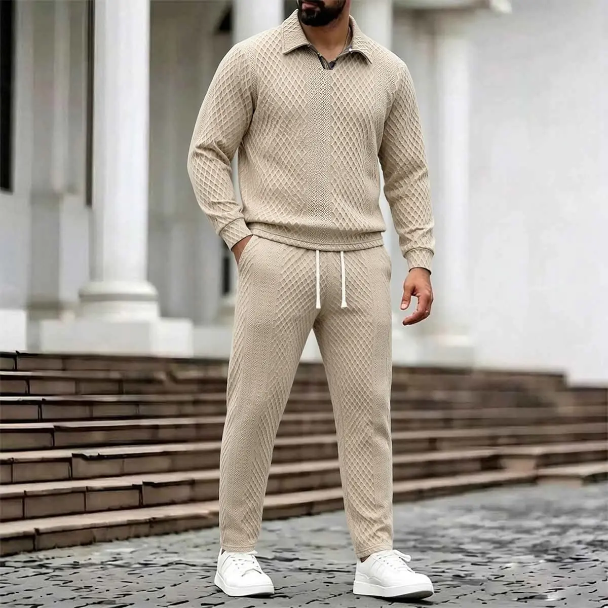 Three Dimensional Diamond Knit Men Two Piece Set Lapel Half Zip Long Sleeve Top Drawstring Straight Ankle Pants Gentle Daily Matching Tracksuit Breathable Soft Co Ord Outfit For Dating Walking Weekend Outdoor Leisure All Season Male Suit