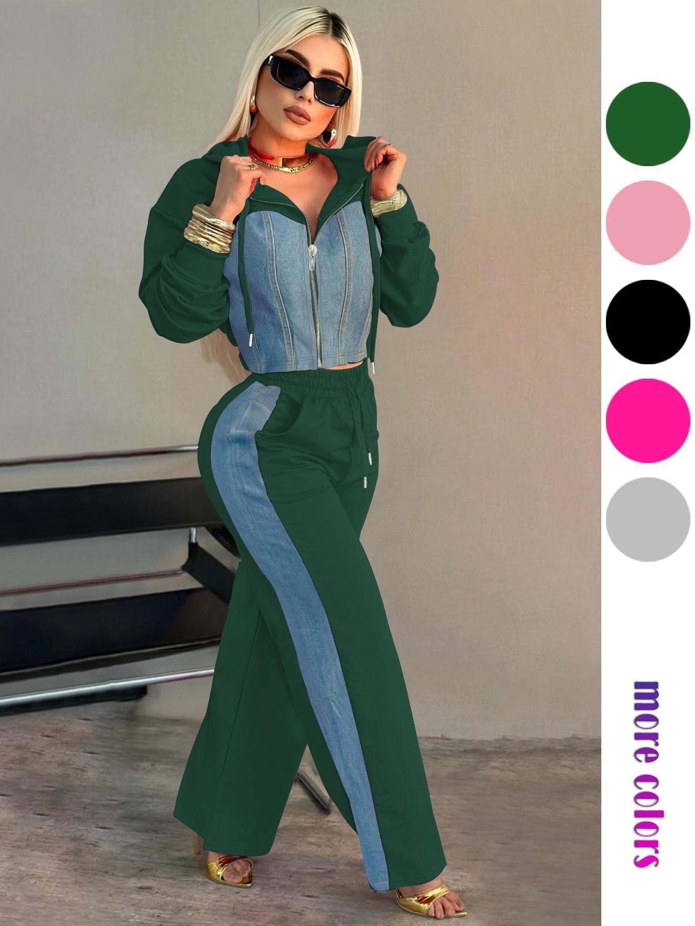 Personalized Patchwork Hoodie Set, Long Sleeve Short Top Set, Casual Party, Travel Pants Set, Fashionable Streetwear