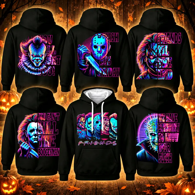 Mens Comfy Pullover Pastel Horror Villains Graphic Hoodies - Vintage Retro Slasher Long Sleeve Sports Outerwear with Kangaroo Pocket, Streetwear Tops for Halloween Enthusiasts