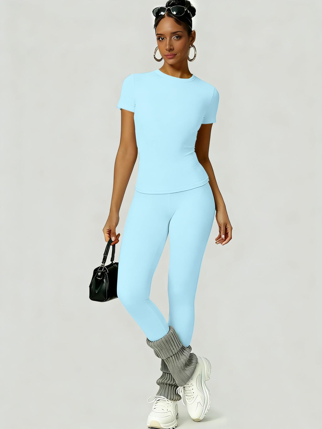 Women's Sportswear Set, Workout Gym Clothing, Training Clothes, Slim-Fit Round Neck Short Sleeves & High-Waisted Yoga Pants, Ideal for Gym Running Outdoor Activities