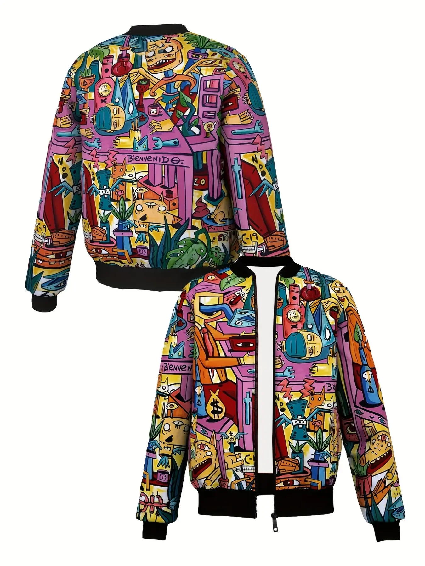 Abstract Graffiti Baseball Jacket, Cartoon Character Colorful Print Zipper Streetwear, Loose-Fit Casual Outerwear for All Seasons
