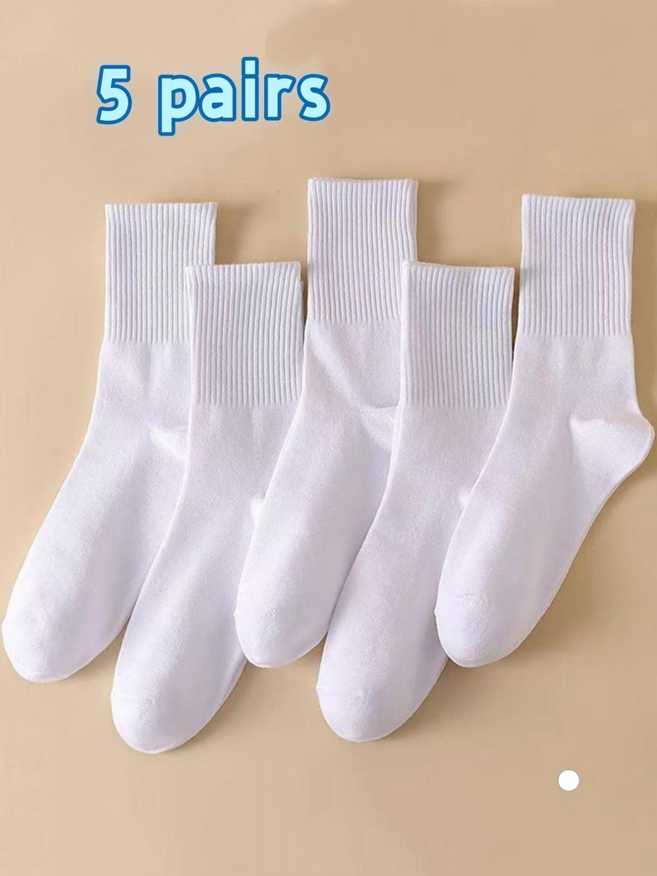 Men's and women's white mid-calf socks, breathable and sweat-absorbent, 5 pairs for couples, suitable for all seasons. Great for daily casual wear, business, running, and sports.