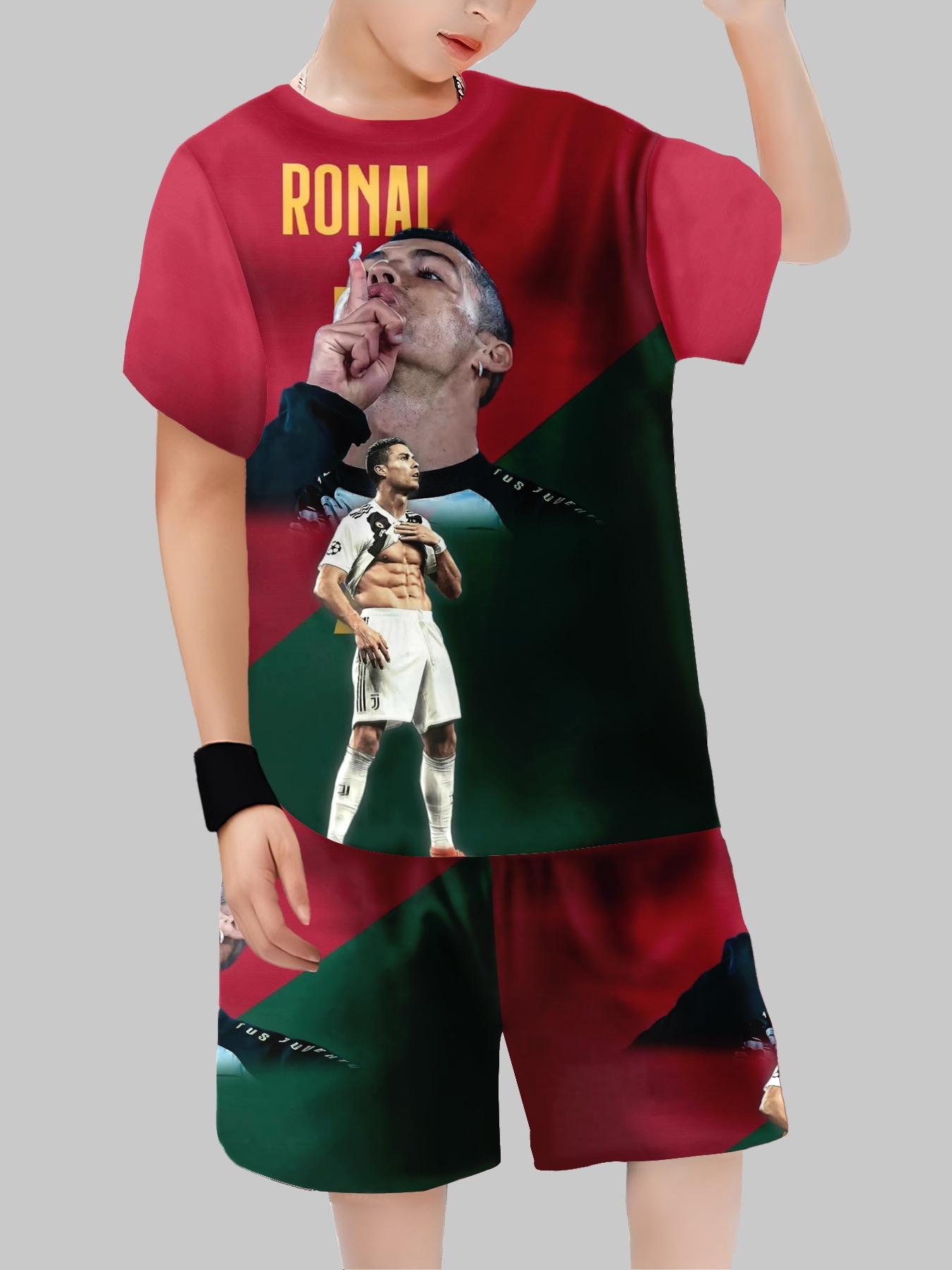 Cristiano Ronaldo Classic Celebration Printed Kids Sports Suit, Boys T-shirt & Shorts, Outdoor Football Training & Casual Two-Piece Set