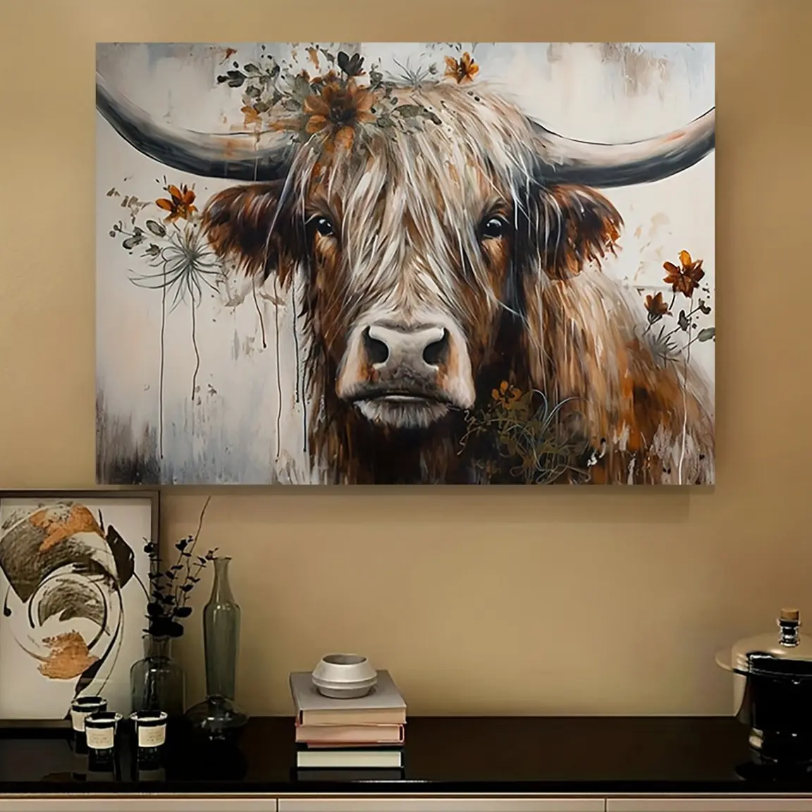 Minimalist Waterproof Highland Cattle Artwork - Framed Canvas Wall Art, Ready to Hang - For Living Room, Bedroom - Perfect Gift for Housewarming - Home Decor Supplies, Posters & Prints