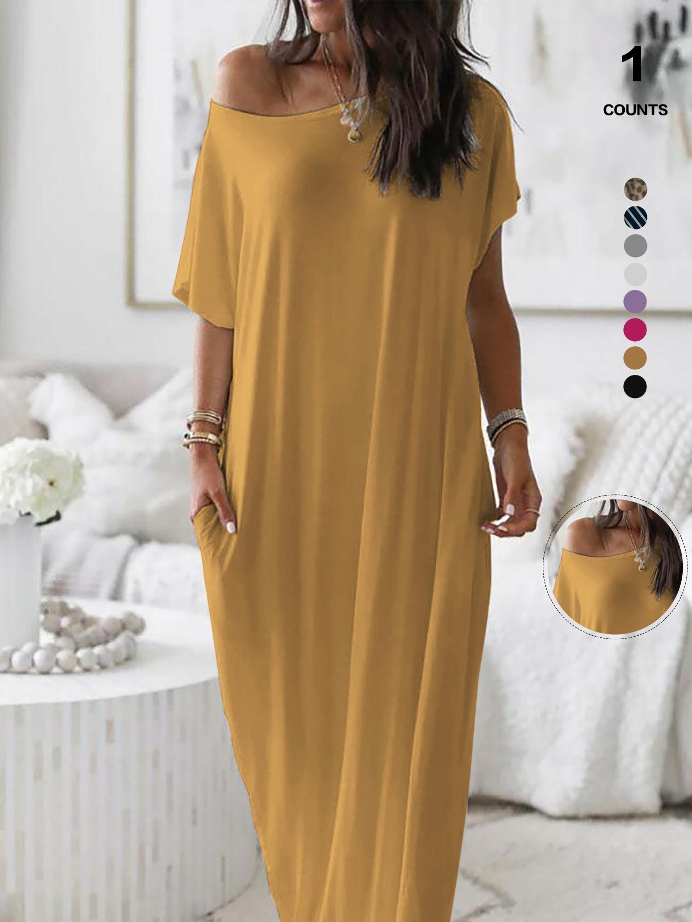 Women's Solid Color Batwing Sleeve Lounge Dress, Casual Comfy Short Sleeve Nightdress, Ladies Sleepwear for All Seasons