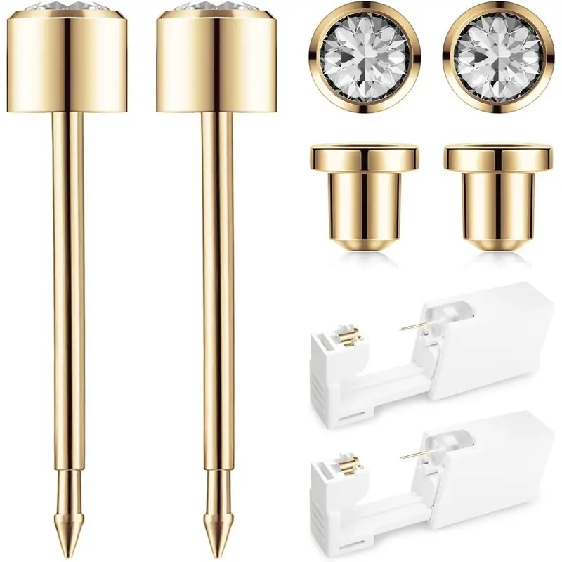 Ear piercing kit (gold), disposable piercing gun with safety lock |   316L Medical Grade Stainless Steel Earrings, 4mm Round Earrings, Unisex, Home Self-Piercing Kit, 2-Piece Set (White)