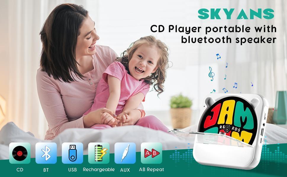 Portable Bluetooth CD Player - Music Player with LED Display, Anti-Shock, FM Radio, Audio Speakers, Button Controls, 3.5mm Jack, 2000mAh for Children, Exercise, Outdoor, Car Use, Push Button
