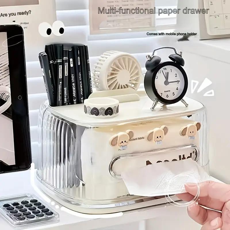 Transparent Desk Tissue Box Dispenser Bin with 4 Storage Functions, Paper Towel Holder, Drawer, Remote Control Storage, Modern Home Office Accessories, Bathroom Organizer