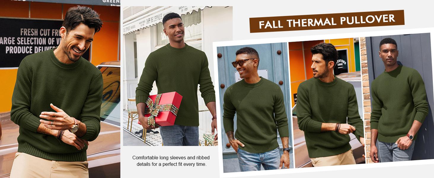 Runcati Mens Crewneck Sweater Casual Textured Knitted Thermal Pullover Sweaters
