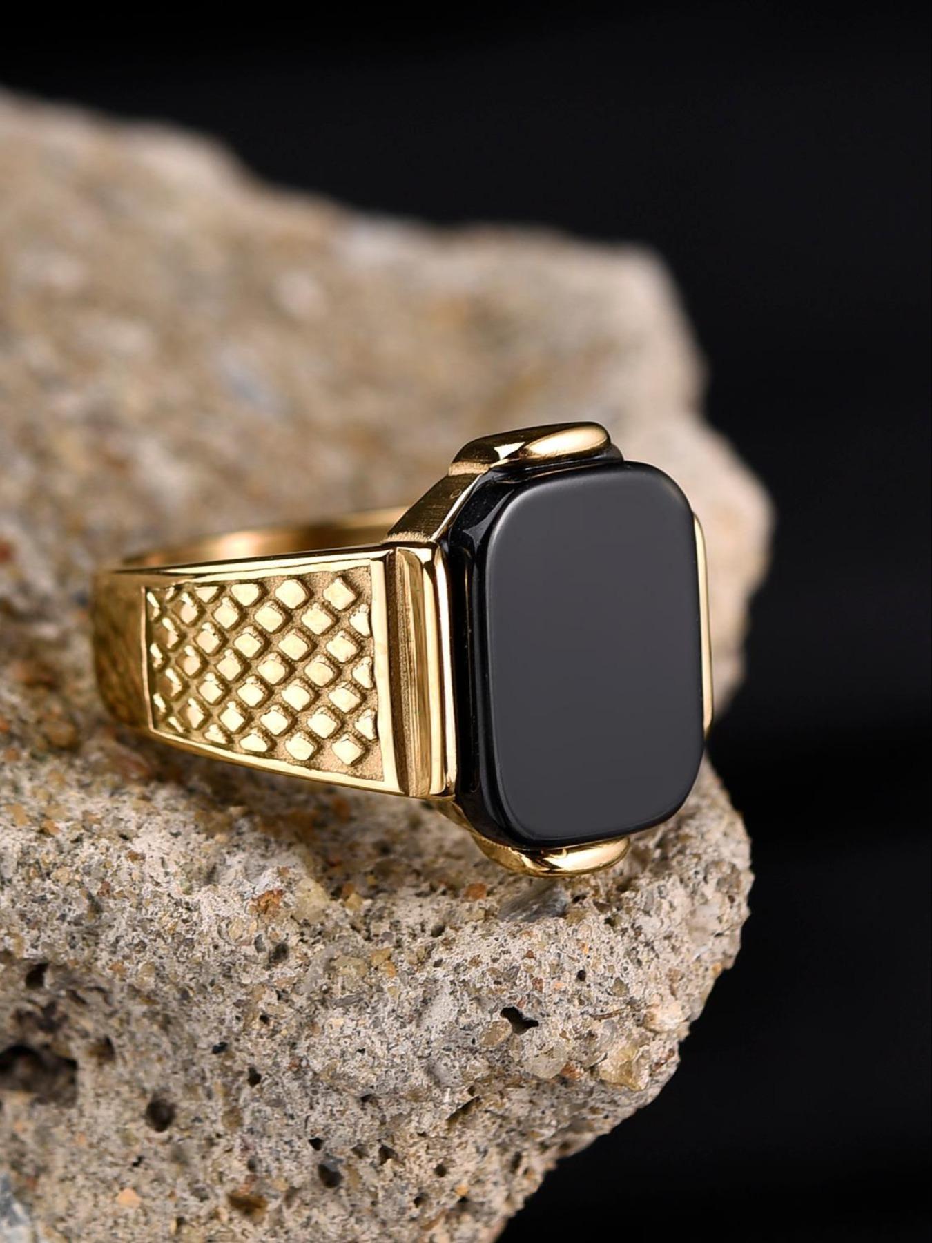 Business Style Men's Blue Ring, 316L Stainless Steel, 18K Gold Plated, Inlaid with Rectangle Agate