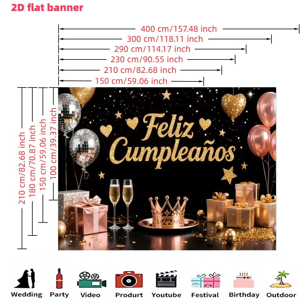 Birthday Party Background Banner, Polyester Material, Stars, Hearts, Crowns, Champagne Glasses, Home Decor, Indoor/outdoor Parties