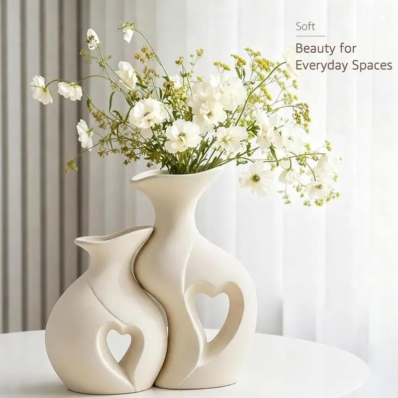 A set of 2 white ceramic vases, suitable for home decoration. Minimalist Nordic Bohemian style vases, Boho vase, suitable for use in weddings, living rooms, dining rooms, bedrooms, entrance halls, offices and coffee tables.
