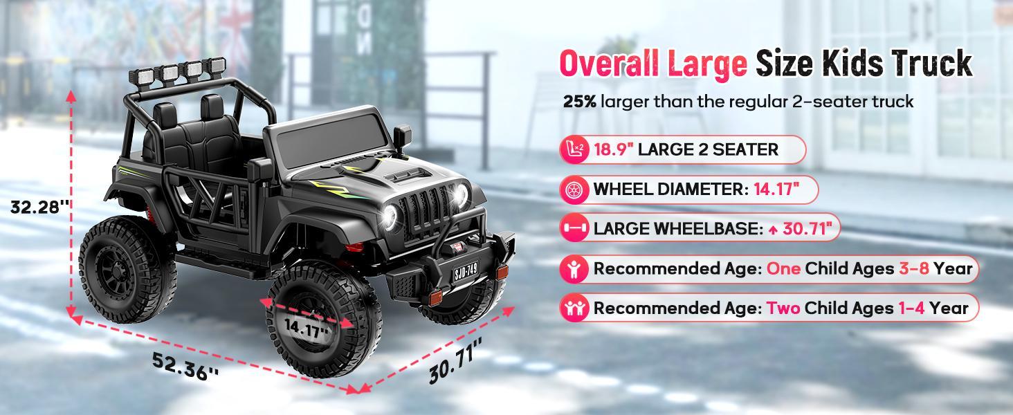 12V-24V Ride on Truck Car 1-2 Seater Ride Kids Electric Car - 7Ah Large Battery Kids Electric Vehicles with Remote Control, 4WD Kids Jeep 3 Speeds LED Lights, Horn, Music for Kids Aged Black