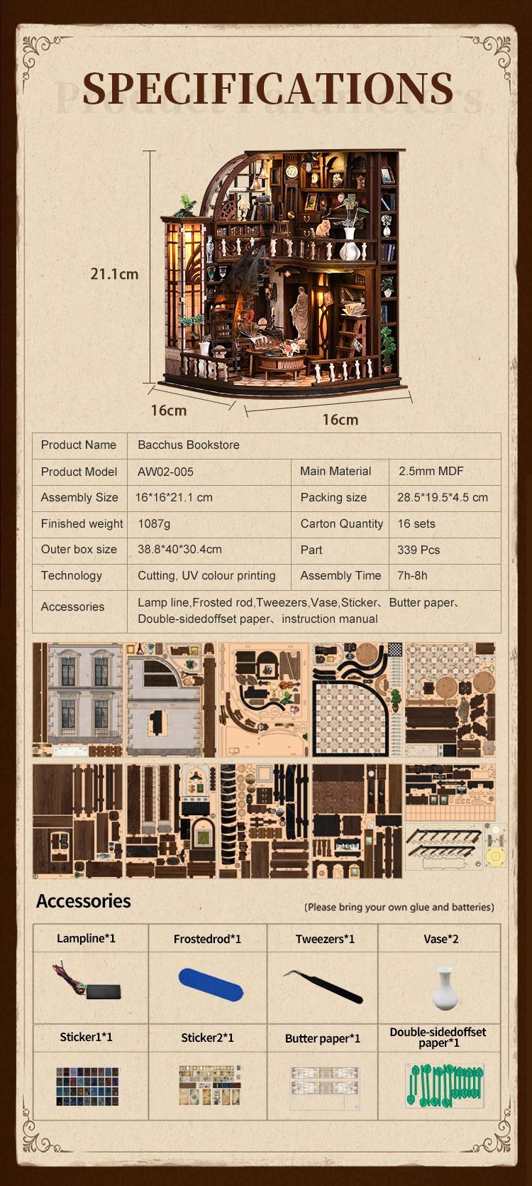 【Bacchus Bookstore】Wooden Book Nook DIY Model Kit for Adults Vintage Abstract Renaissance Style Hand-Assembled Booklet Toy House 3D Puzzle Wooden Shelf Decoration,Miniature Dollhouse Kit Victorian Style Wooden Dollhouse Birthday Gift