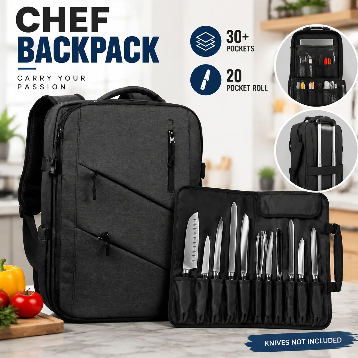 Black Large Capacity Chef Backpack (Backpack Form) - 20-Pocket Roll Bag, 30+ Pocket Tool Organizer Storage Bag for Chefs, Ideal for Kitchen Work, Knives Not Included