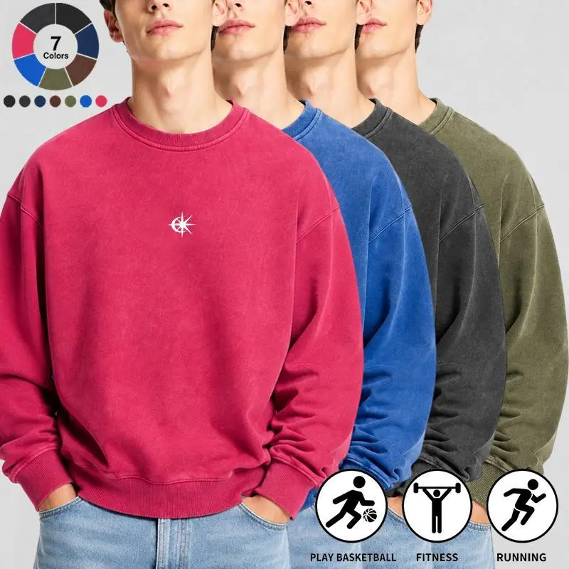 Menswear Casual Streetwear Crewneck Sweatshirt - Cotton Blend, Loose Drop-Shoulder Fit, Small Chest Graphic, Plain Top, Pullover for Daily Street Use, 1/3/4-Count Multi-Pack Options, Streetwear Crewneck Tops