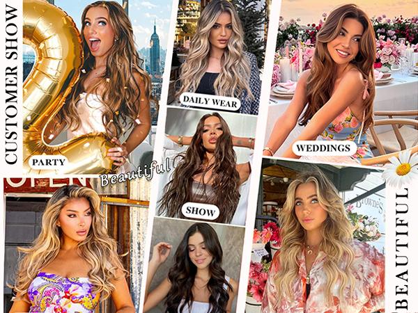 [Iridescent] Clip in Hair Extensions 24/20 Inch 4 PCS Synthetic Natural & Soft Hair & Blends Well Hair Extensions Long Wavy Hairpieces