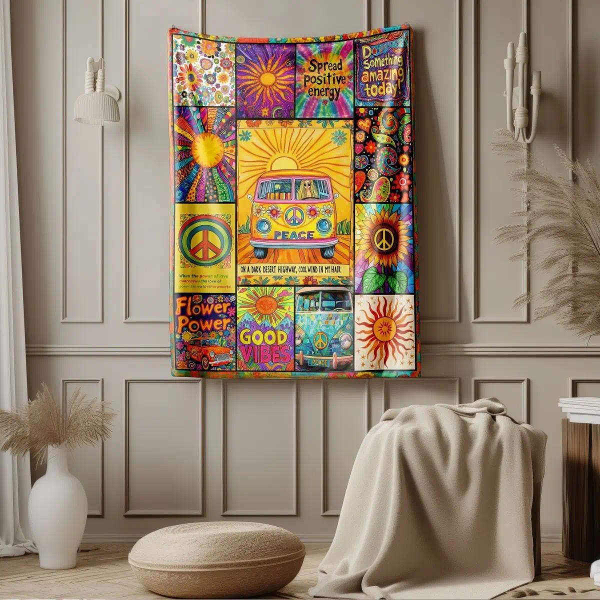 Comfortable Hippie Peace Bus Print Flannel Soft Throw Blanket, Baby Blankets and Adult Blankets, Soft Warm Anti-Pilling Fabric, Ideal for Nap, Camping, Travel, All Seasons Decor Blanket, Perfect Birthday Holiday Gift, Printed Flannel Blanket for Sofa Bed