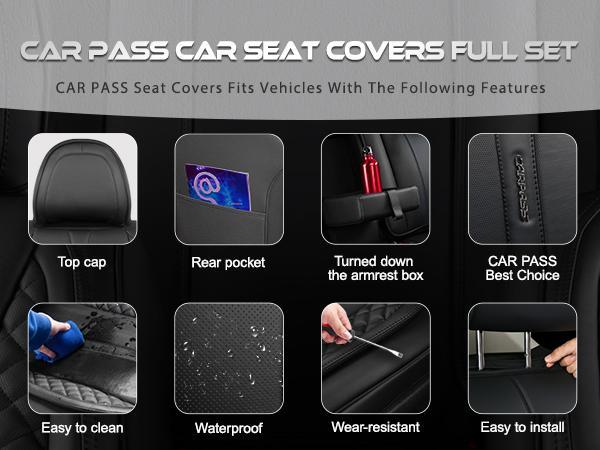 CAR PASS Nappa PU Leather Car Seat Cushions Full Set Waterproof Protector Durable Cushioned,Fit for Sedan SUV Pick-up Truck,Automotive, Anti-Slip Car Seat Covers