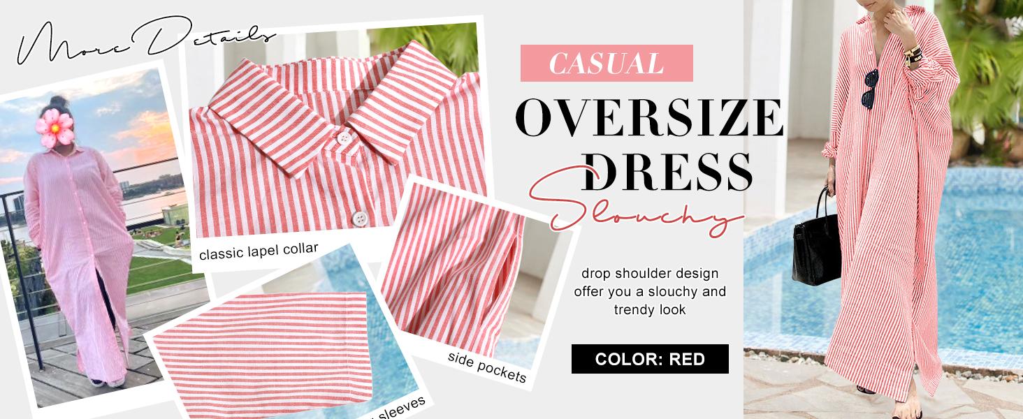 CHARTOU Women's Loose Striped Shirt Dress Casual Long Sleeve Dress Cotton Long Skirt